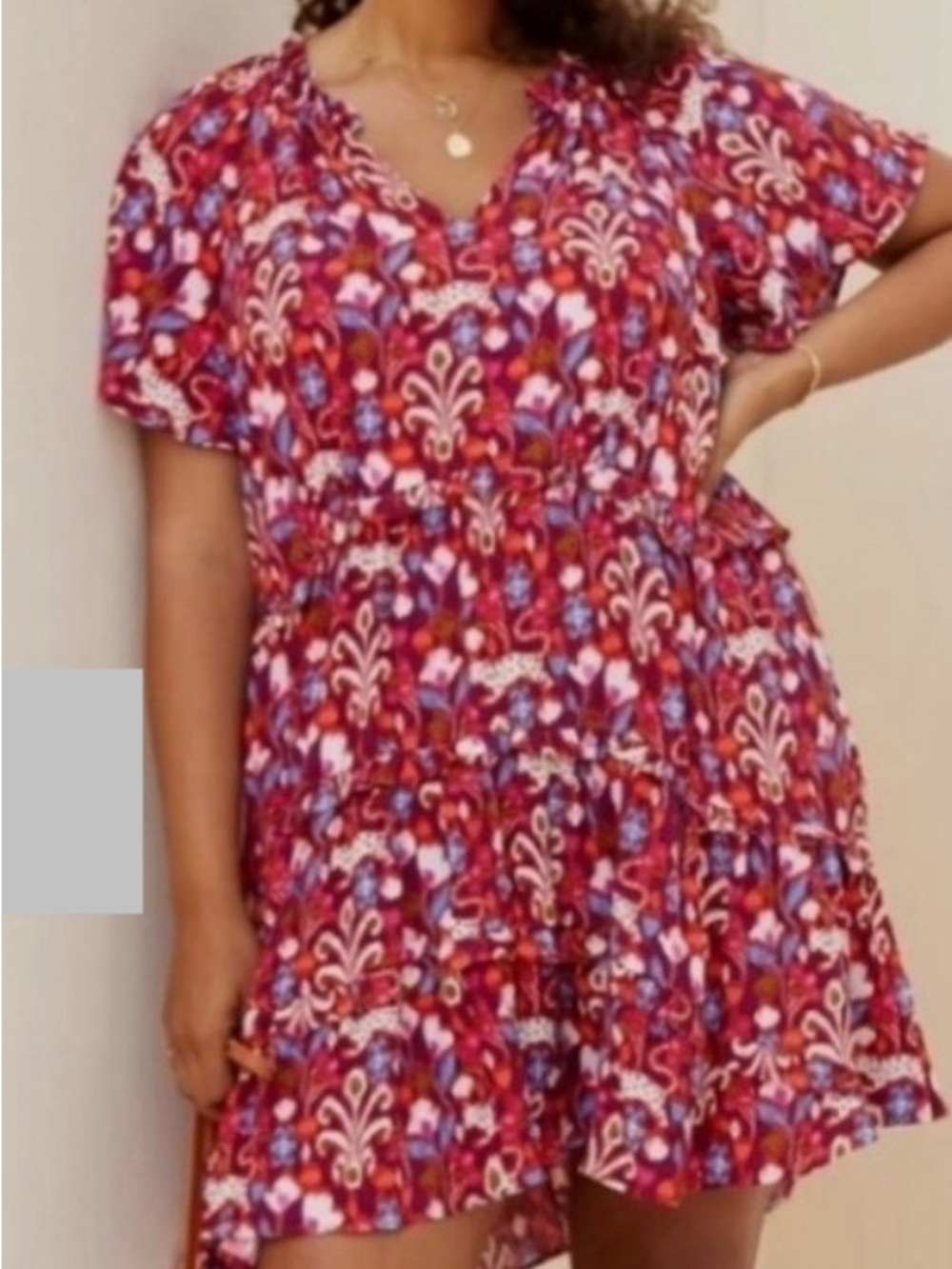 Robin Floral V-Neck Tiered Short Sleeve Dress by Anthropologie 2X